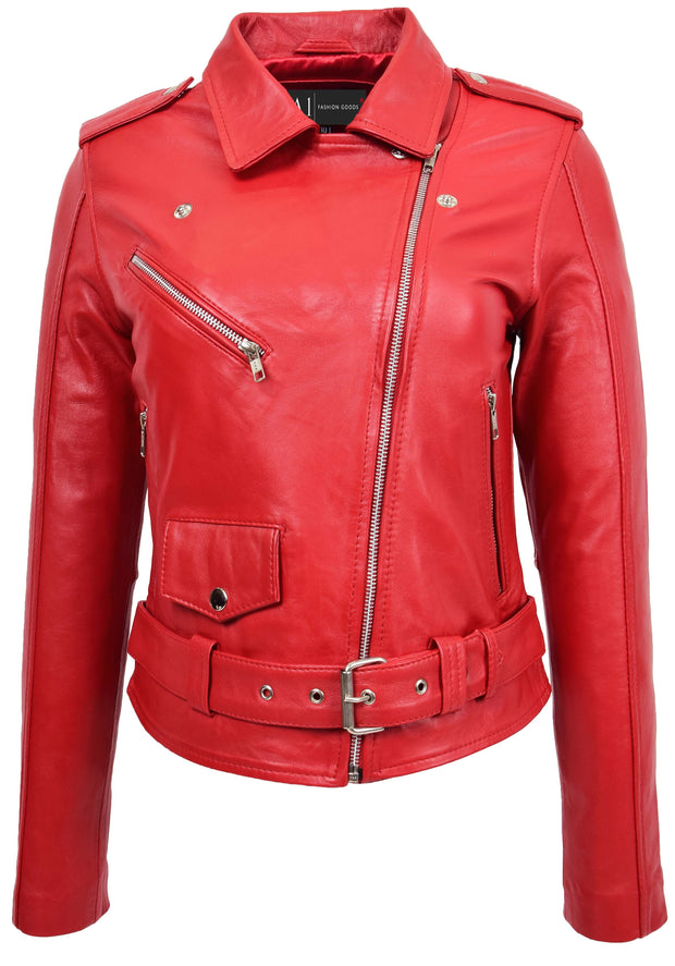 Womens Authentic Soft Leather Biker Jacket Slim Fit Jessie Red