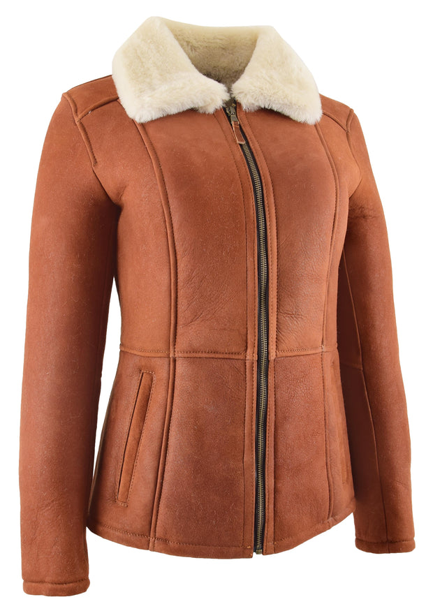 Womens Real Sheepskin Jacket Whiskey Merino Hip Length Shearling Coat Leona 2