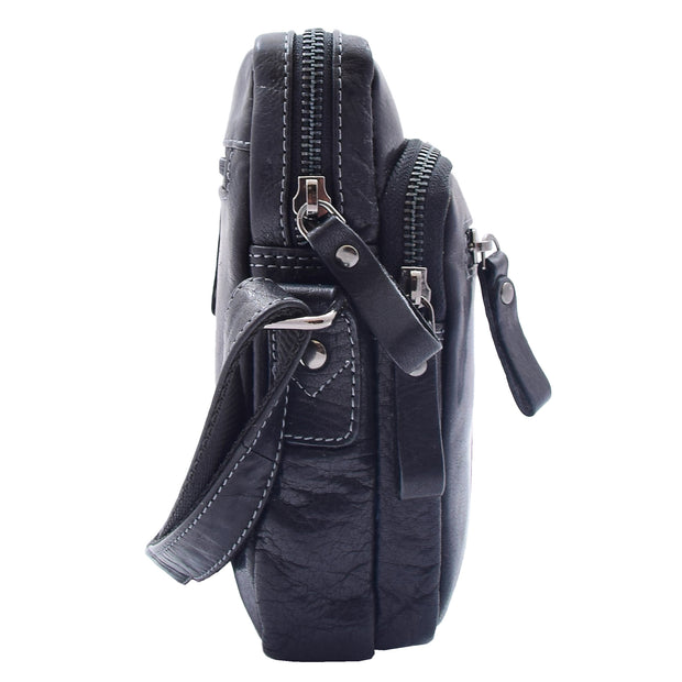 Mens Black Leather Cross Body Flight Bag Multi Zip Pockets Pouch Cooper