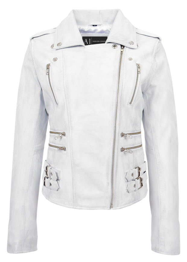 Womens Trendy Biker Leather Jacket Beyonce White Vintage 3
