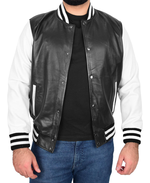 Trendy Mens Leather Bomber American Baseball Style Black White Combo Jacket - Elijah 2