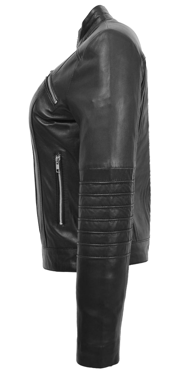 Womens Genuine Leather Biker Style Zip Up Fitted Jacket Poppy Black 2