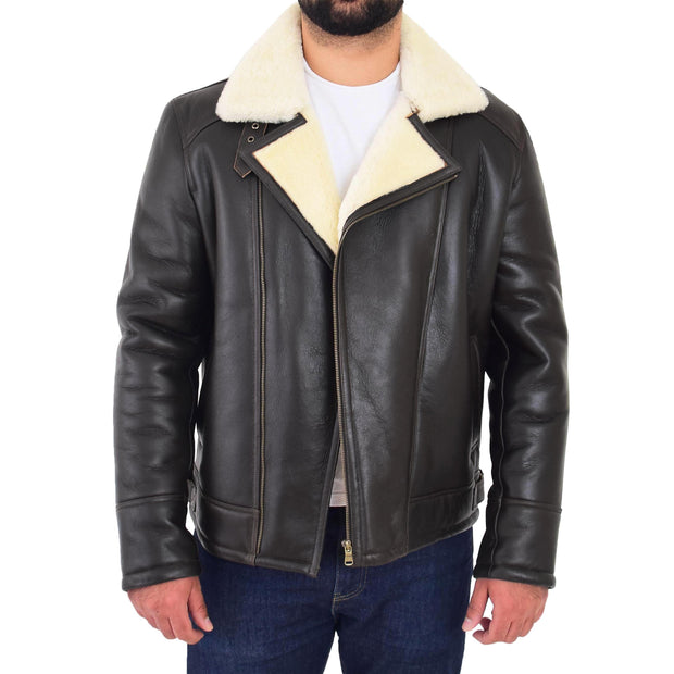 Mens Real Sheepskin Flying Jacket X-Zip Shearling Aviator Bomber Coat Stealth Brown White Front Open  1