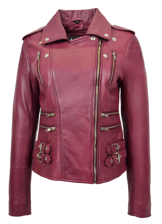 Womens Trendy Biker Leather Jacket Beyonce Burgundy 3