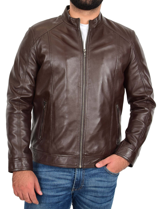 Mens Soft Brown Leather Casual Zip Fasten Jacket Nobel2