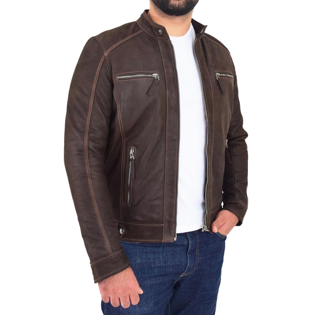 Mens Brown Waxed Skipper Real Leather Biker Style Jacket Captain Open 1