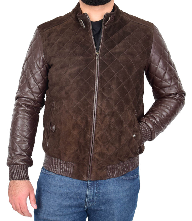Mens Bomber Jacket Brown Suede and Leather Slim Fit Fully Quilted - Axel 2