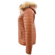 Womens Real Leather Puffer Jacket Fully Quilted Removable Hood Belinda Tan