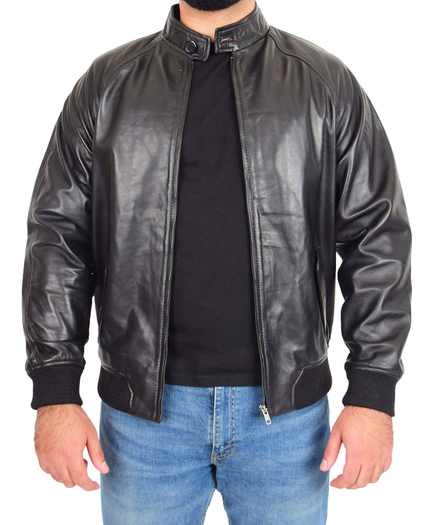 Mens Leather Harrington Jacket Classic Raglan Sleeves Blouson G-9 Dustin Black 2