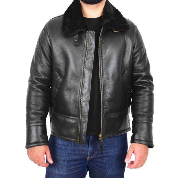 Mens Original Sheepskin Flying Jacket B3 Bomber Aviator Pilots Shearling Coat Raptor Black Front Open 1