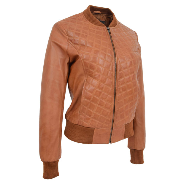 Womens Real Leather Bomber Jacket Tan Diamond Quilted Fitted Varsity Storm Front 1