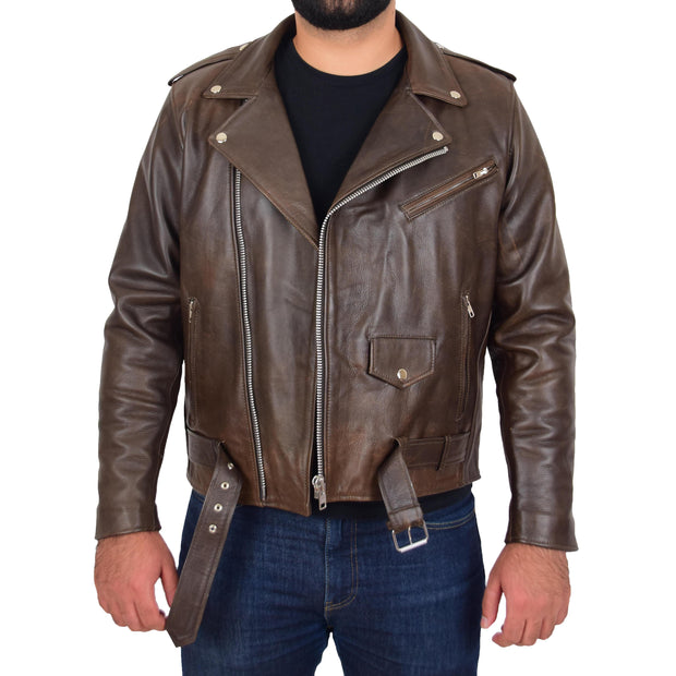 Mens Genuine Cowhide Biker Jacket Heavy Duty Antique Brown Leather Coat Rock Open 1