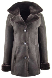 Womens Real Sheepskin Brown Jacket Classic 3/4 Mac Merino Shearling Trench Zona-2