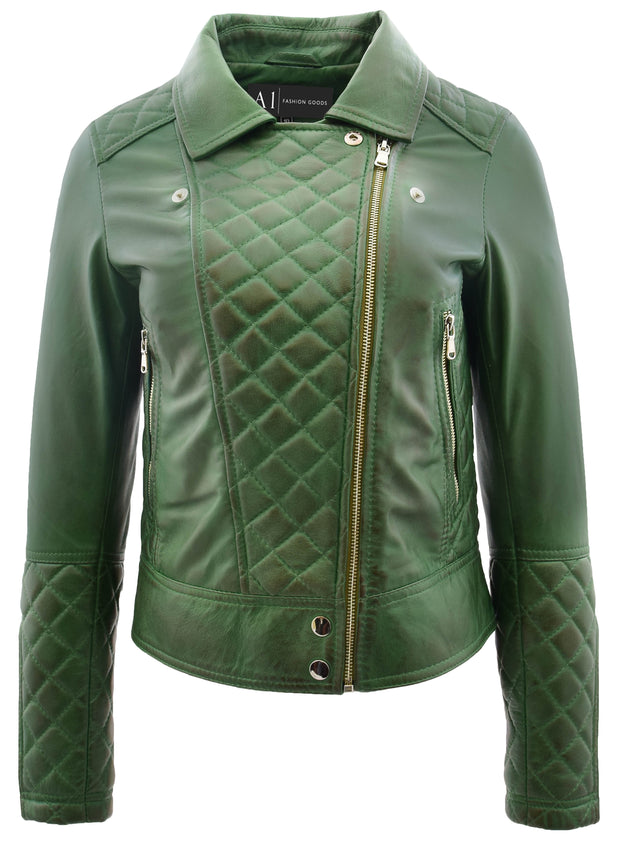 Womens Real Leather Jacket Green Fitted Quilted Trendy Biker Style Bonnie