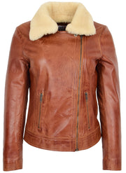 Womens Real Chestnut Leather Trendy Biker Jacket With Removable Sheepskin Collar Rosie