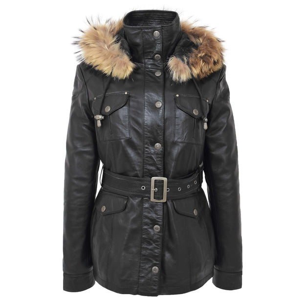 Ladies Black Leather Duffle Coat Belted Removable Hood Parka Jacket Sarah Close Neck