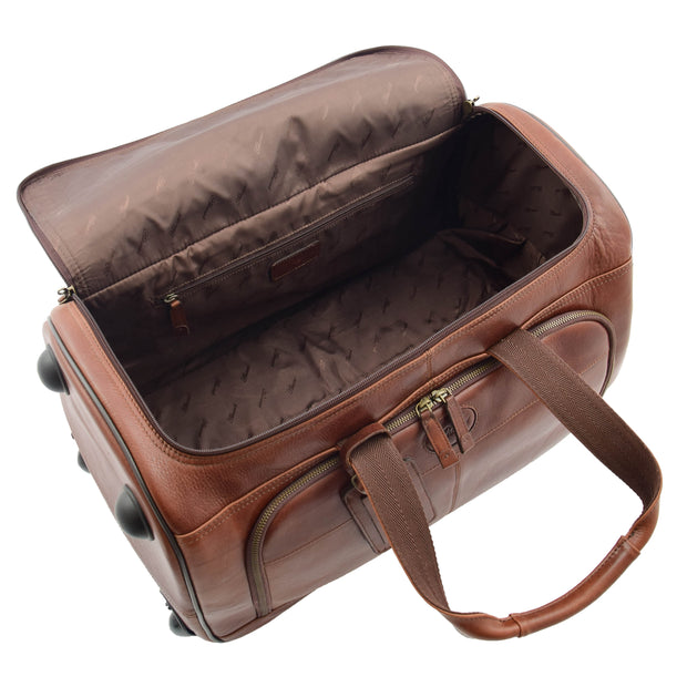 Wheeled Brown Leather Holdall Telescopic Handle Travel Duffle Ozwald Open