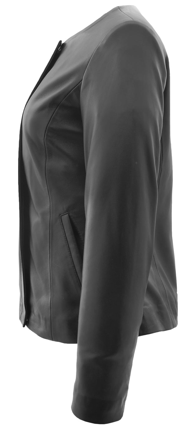 Women Black Leather Jacket Collarless Neckline Soft Fitted Zip Fasten Elena