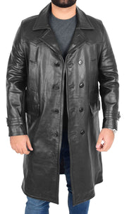 Mens Trench Leather Coat 3/4 Long Overcoat Neo Black 2