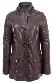 Womens Trendy Real Soft Leather Duffle Coat Fitted Removable Hood Parka Cory Brown 2