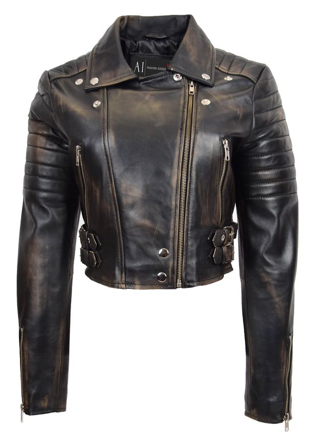 Womens Cropped Bustier Style Leather Jacket Rub Off