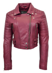 Womens Fitted Cropped Bustier Style Leather Jacket Amanda Burgundy