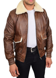 Mens Genuine Leather Pilot Jacket Cognac Flight Aviator Sheepskin Collar Bomber Blaze