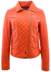 Womens Real Leather Jacket Orange Fitted Quilted Trendy Biker Style Bonnie
