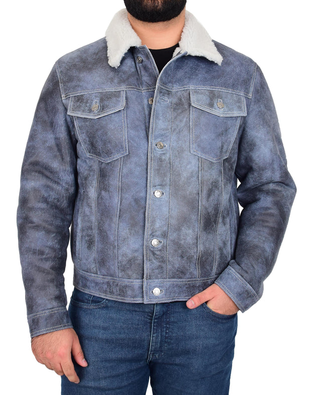Mens Real Sheepskin American Trucker Jacket Blue Fitted Merino Curly Shearling Rudy 2