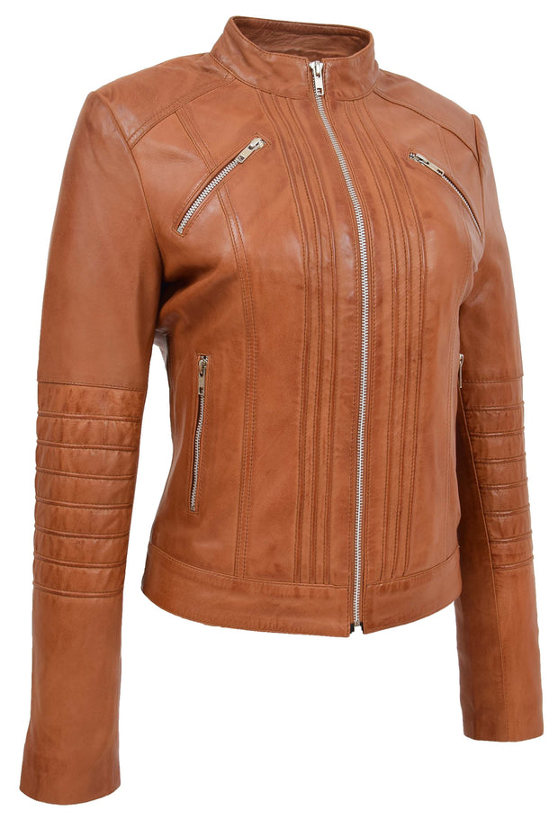 Womens Genuine Leather Biker Style Zip Up Fitted Jacket Poppy Tan 2