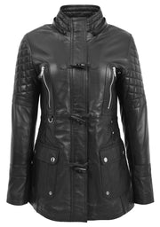 Womens Trendy Real Soft Leather Duffle Coat Fitted Removable Hood Parka Cory Black 2