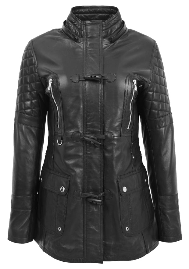Womens Trendy Real Soft Leather Duffle Coat Fitted Removable Hood Parka Cory Black 2