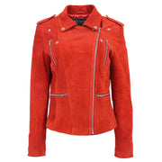 Womens Genuine X-Zip Fitted Biker Red Suede Leather Jacket Rusty 2