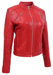 Womens Genuine Leather Biker Style Zip Up Fitted Jacket Poppy Red 2