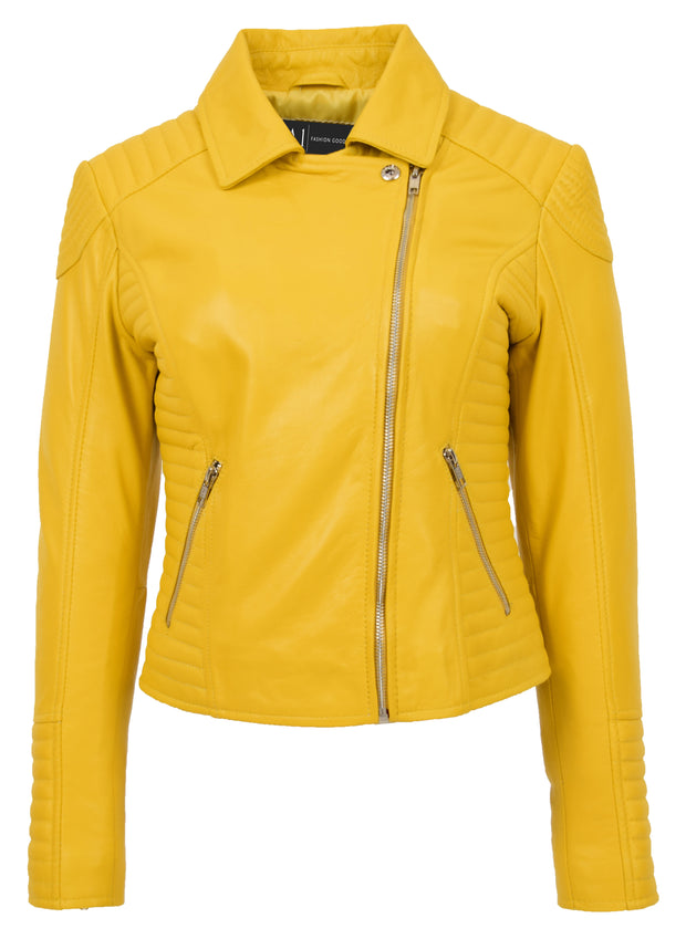 Womens Designer Leather Biker Jacket Fitted Quilted Bonita Yellow-2