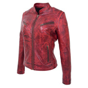 Womens Fitted Leather Biker Jacket Casual Zip Up Coat Jenny Dirty Red 1