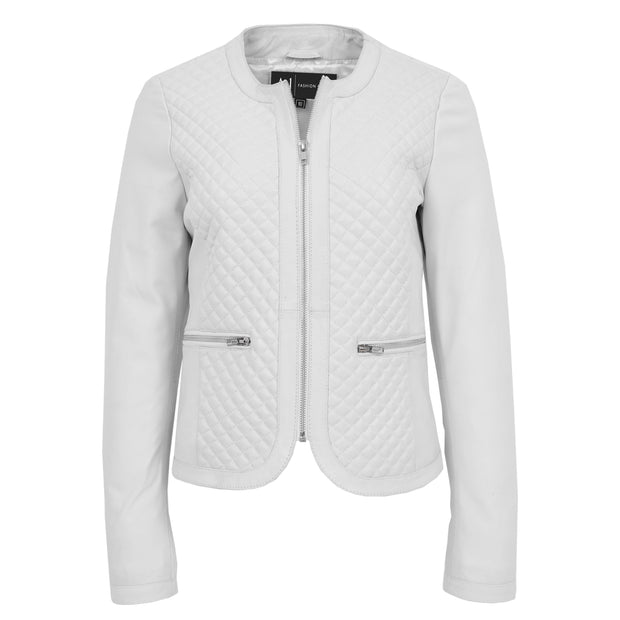 Women Collarless White Leather Jacket Fitted Quilted Zip Up - Remi Front 1