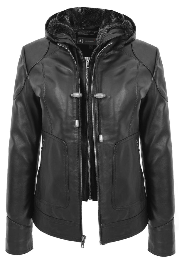 Womens Genuine Black Leather Biker Style Jacket With Removable Hood Sally 2