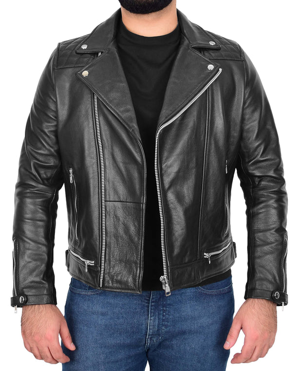 Men Genuine Black Cowhide Biker Leather Jacket Trendy Cafe Racer Brando Cruz 2