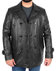 Mens Trench Leather Fitted Reefer Military Overcoat Ernest Black 2