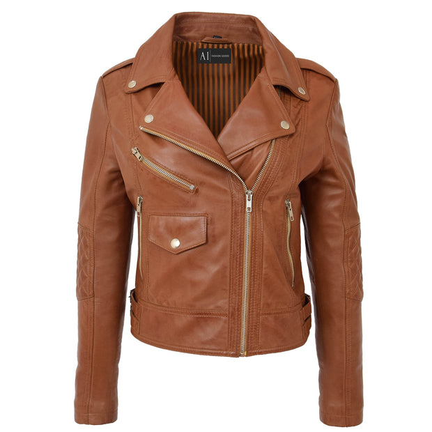 Womens Short Fitted Cognac Biker Style Real Leather Jacket Ayla Front 1