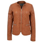 Women Collarless Cognac Leather Jacket Fitted Quilted Zip Up - Remi Front