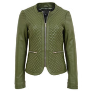 Women Collarless Olive Green Leather Jacket Fitted Quilted Zip Up - Remi Front