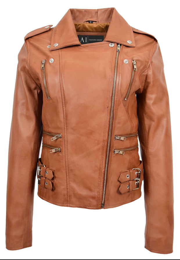 Womens Trendy Biker Leather Jacket Beyonce Cognac