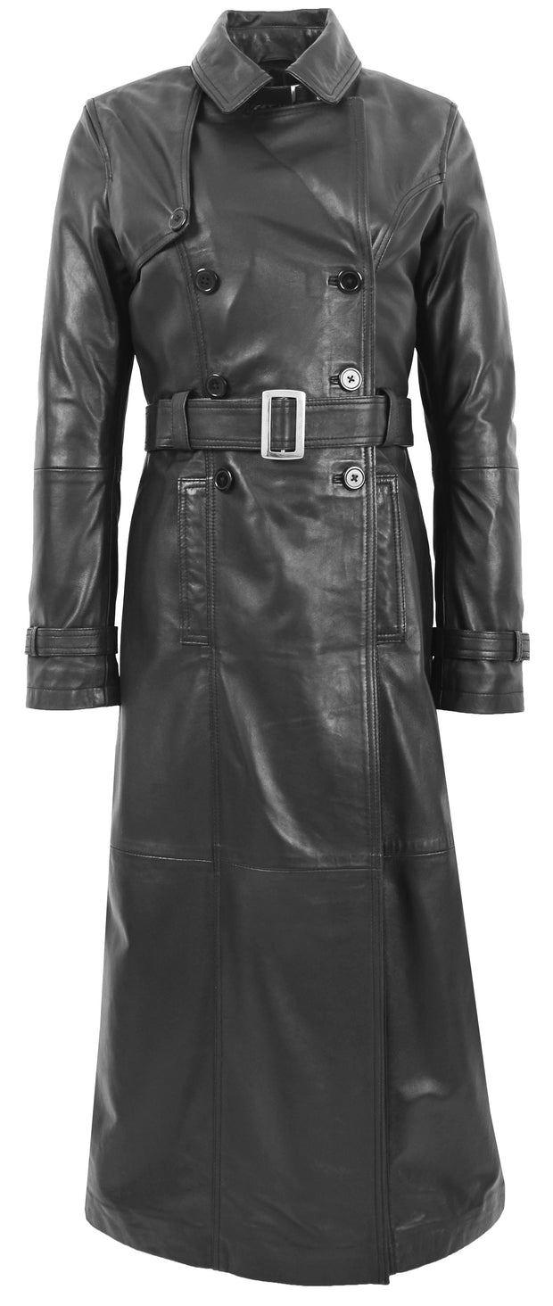 Womens Full Length Long Black Leather Trench Coat Trinity 2