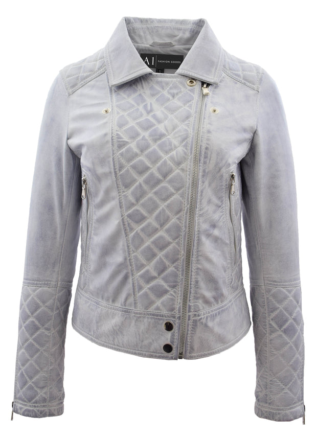 Womens Real Leather Jacket Dirty White Fitted Quilted Trendy Biker Style Bonnie