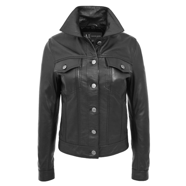 Womens Real Leather Jacket Fitted Denim Biker Style Coat Marisa Black
