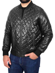 Mens Bomber Leather Jacket Black Fully Quilted Padded Fitted Varsity - Darren2
