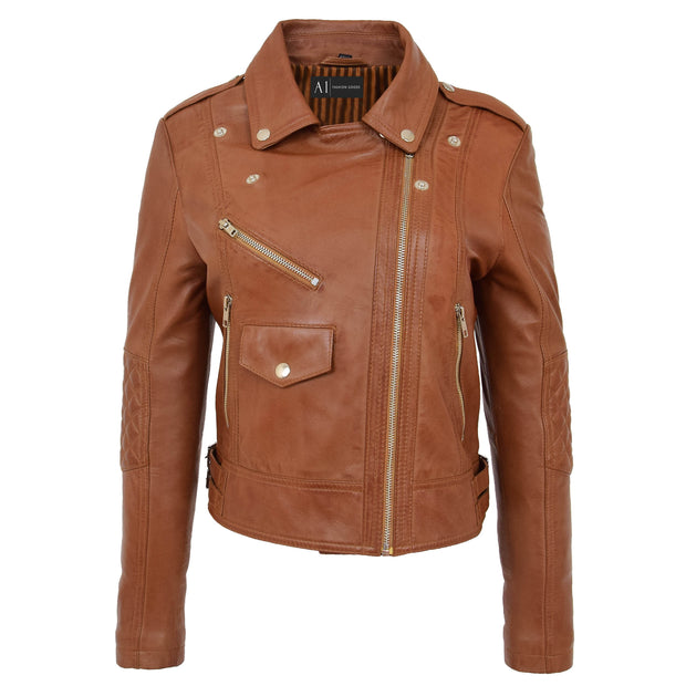 Womens Short Fitted Cognac Biker Style Real Leather Jacket Ayla Colse Neck