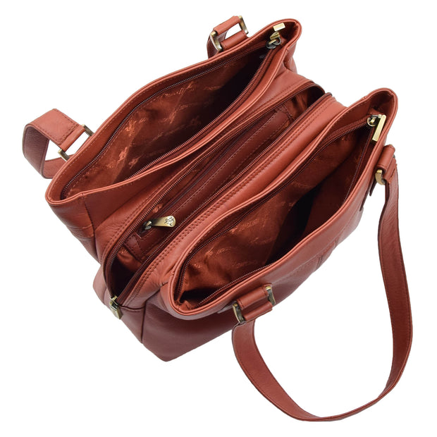 Womens Leather Shoulder Bag Multi Zip Pockets Handbag Polly Brown Open